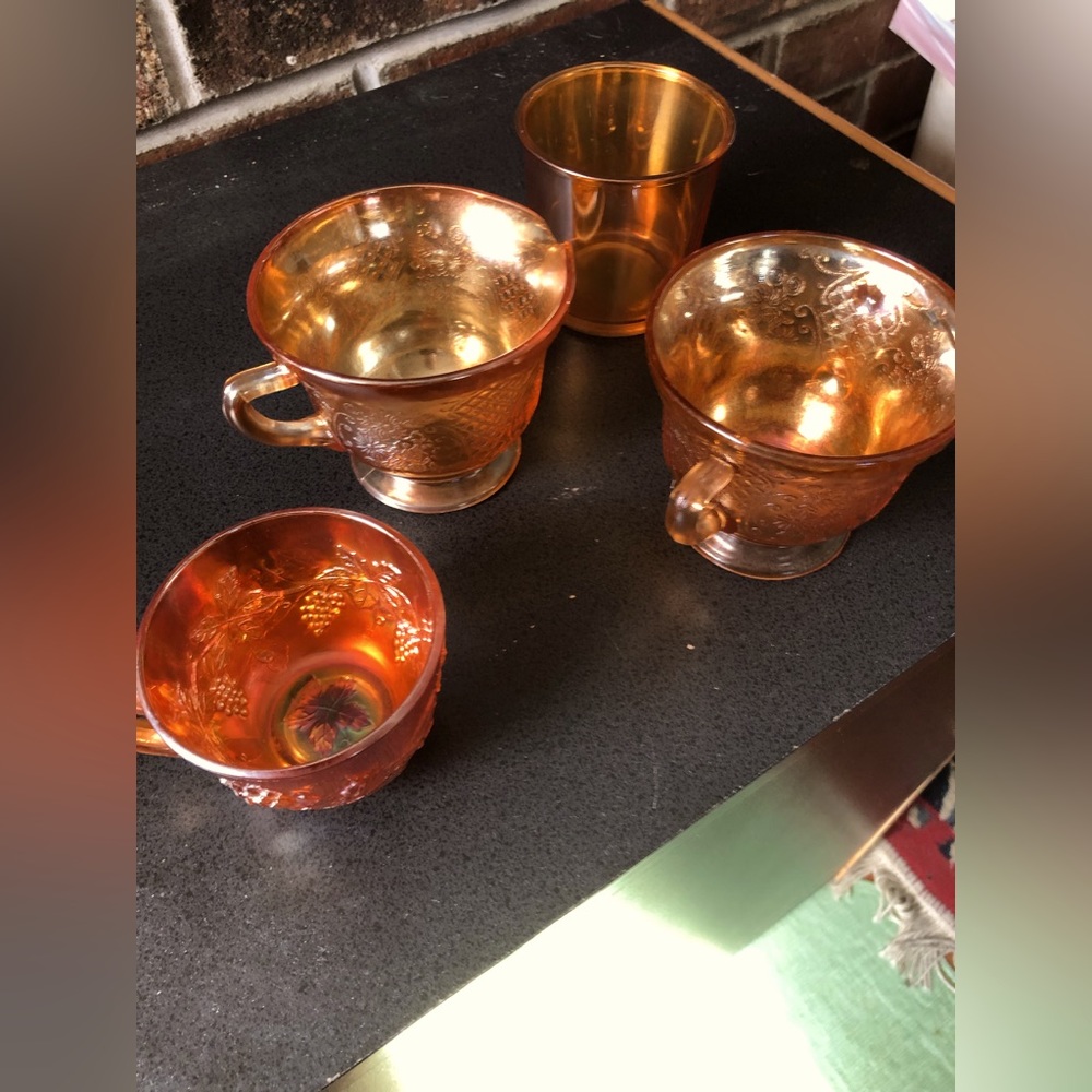4 Vintage Carnival glass gems!A pitcher&sugar bowl set, a tea cup, candle holder